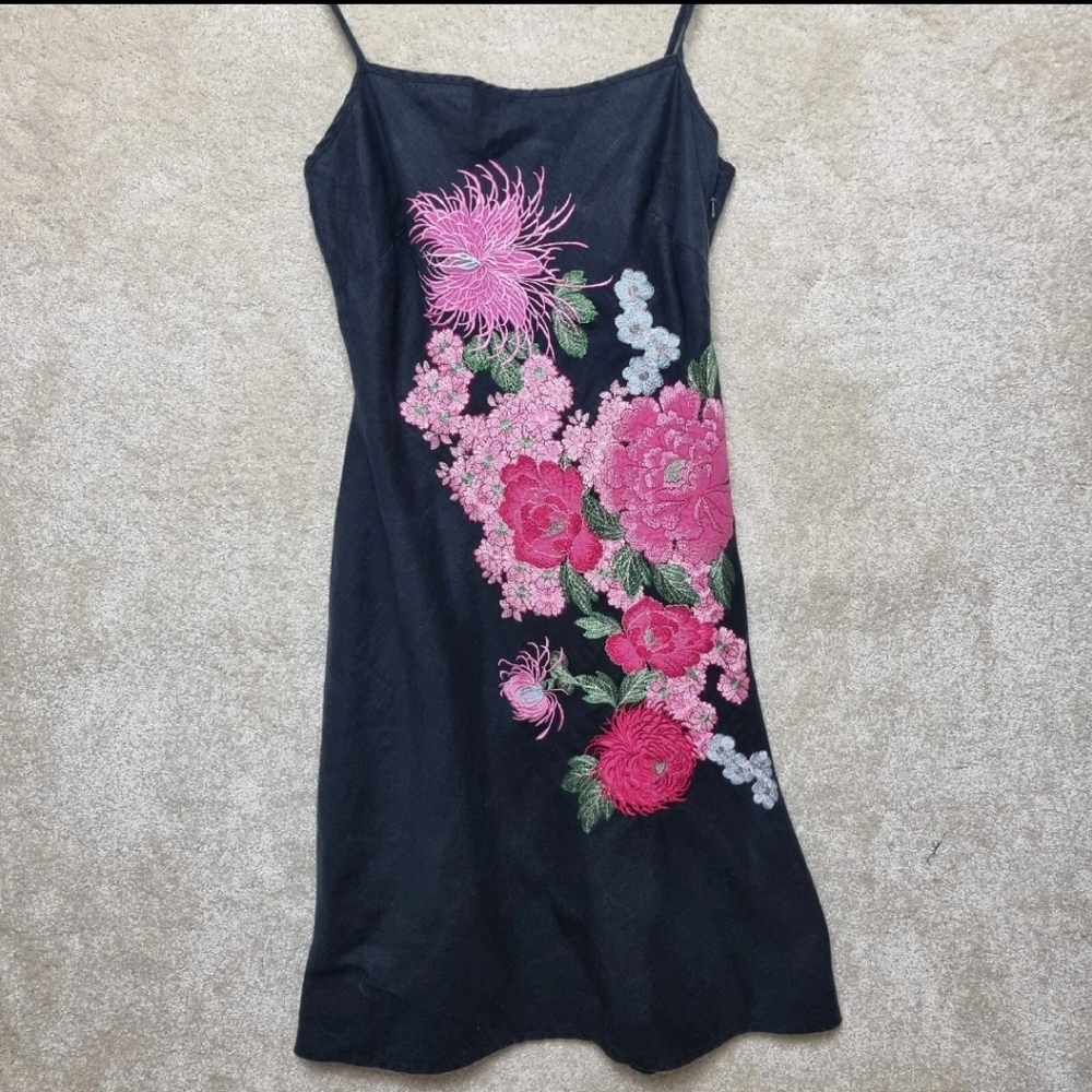 Warehouse Embroidered Dress Size 8 Y2K Japanese Style Florals Black Linen Summer - Picture 1 of 7